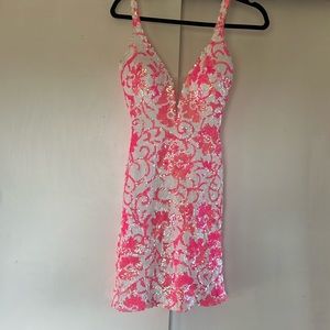 Jovani Pink and White V Neck sequin homecoming mini dress